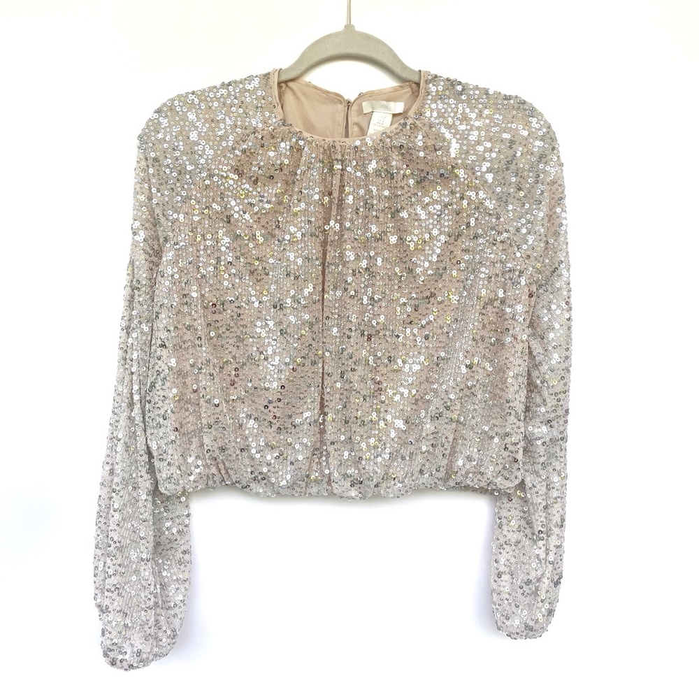 H&M Sequin Top Women's Size M Beige Long Sleeve Party Blouse